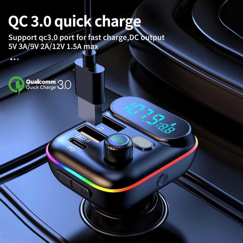 Sanxup Bluetooth Adapter for Car, Wireless FM Radio Transmitter, Wireless Bluetooth 5.0, MP3 Music Player, QC3.0 + PD 20W USB Car Charger, 7 Colors LED Backlit - Image 5